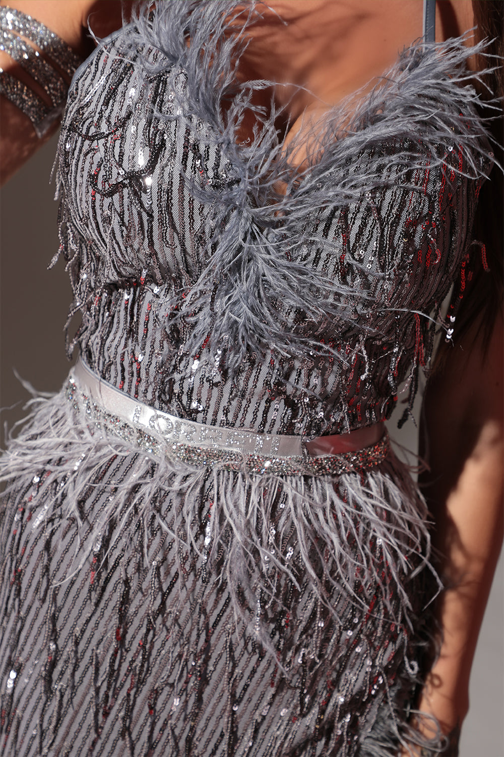 MAXI SKIRT AND CROP TOP SET ALAIA SEQUIN DARK GREY