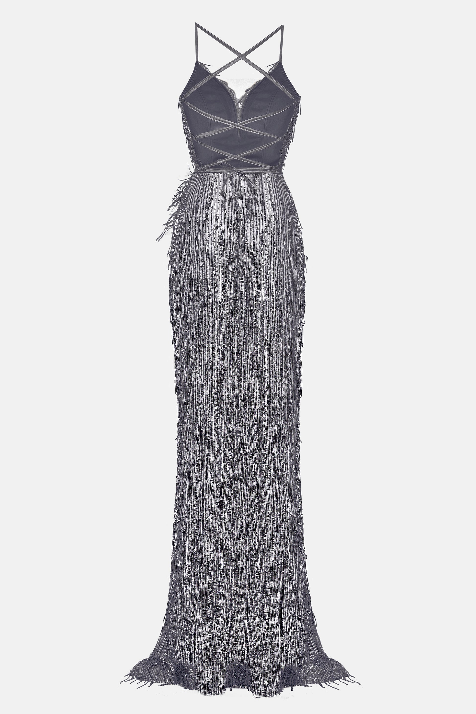 MAXI SKIRT AND CROP TOP SET ALAIA SEQUIN DARK GREY