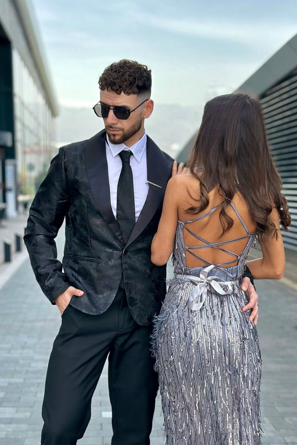 MAXI SKIRT AND CROP TOP SET ALAIA SEQUIN DARK GREY