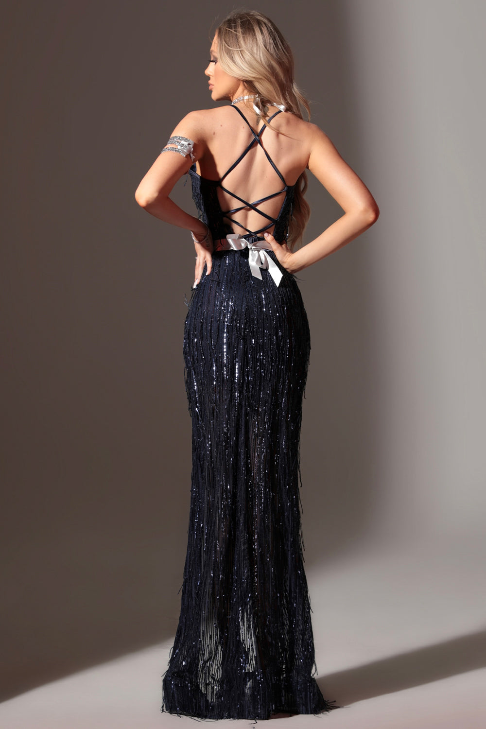MAXI SKIRT AND CROP TOP SET ALAIA SEQUIN DARK BLUE