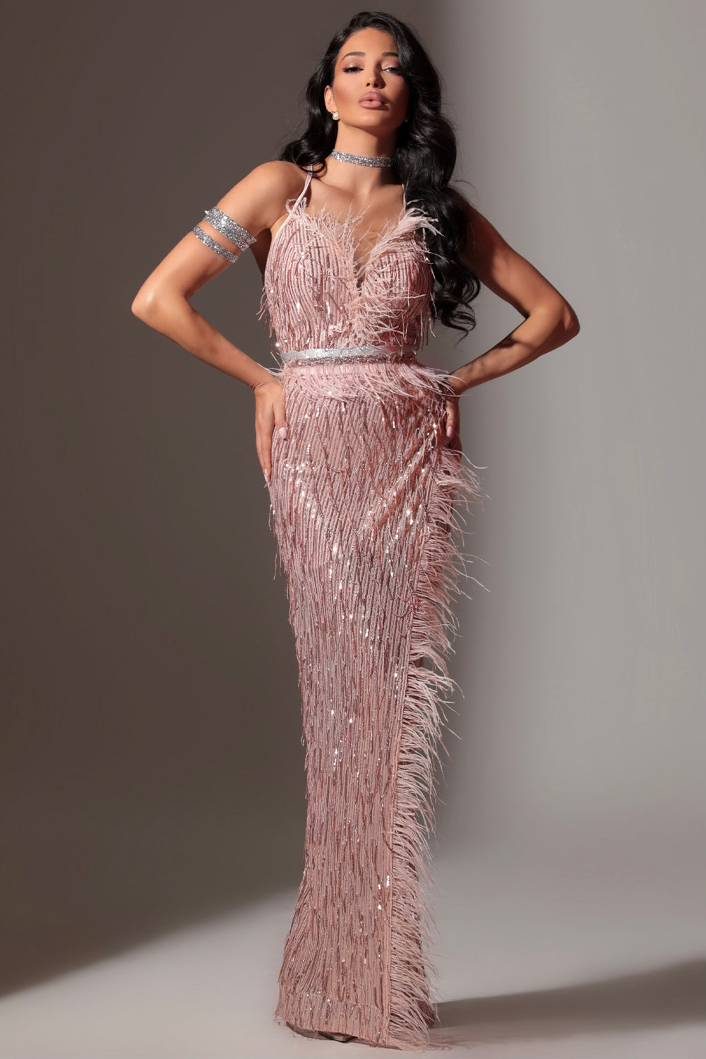 BELT MARABU 2B FEATHERS RHINESTONE ROSE GOLD