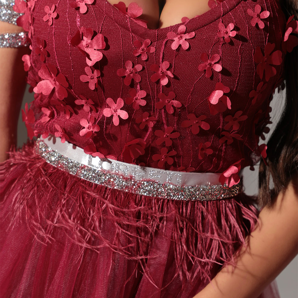 BELT MARABU FEATHERS RHINESTONE BURGUNDY