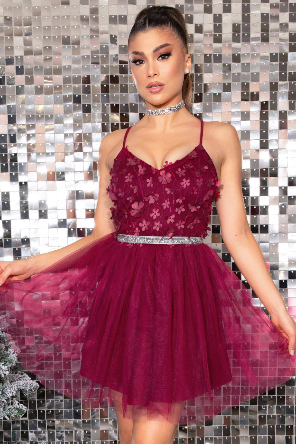 MINI DRESS ARIA LACE TULLE BURGUNDY