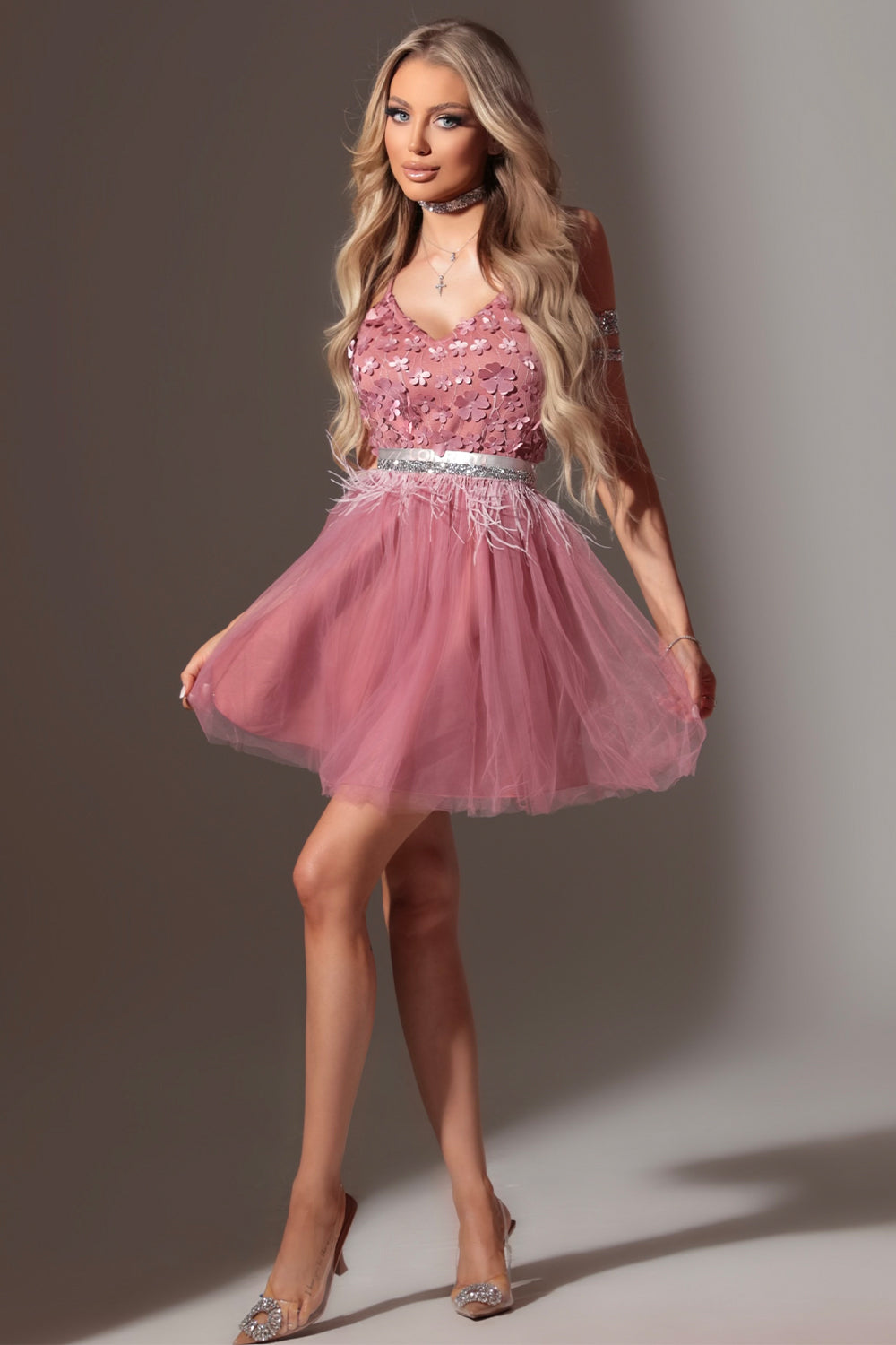 BELT MARABU FEATHERS RHINESTONE POWDER PINK