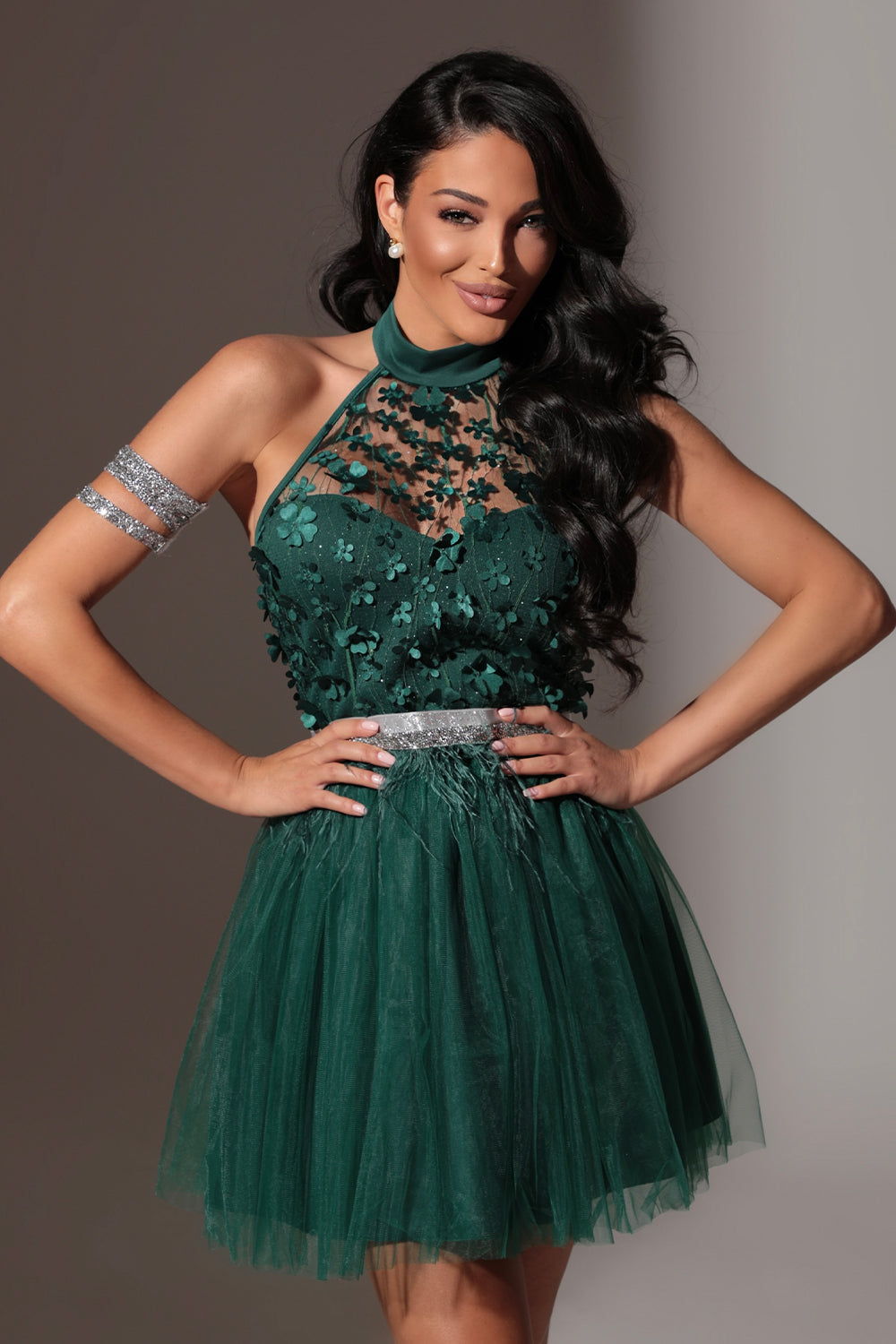 BELT MARABU 12A FEATHERS RHINESTONE DARK GREEN