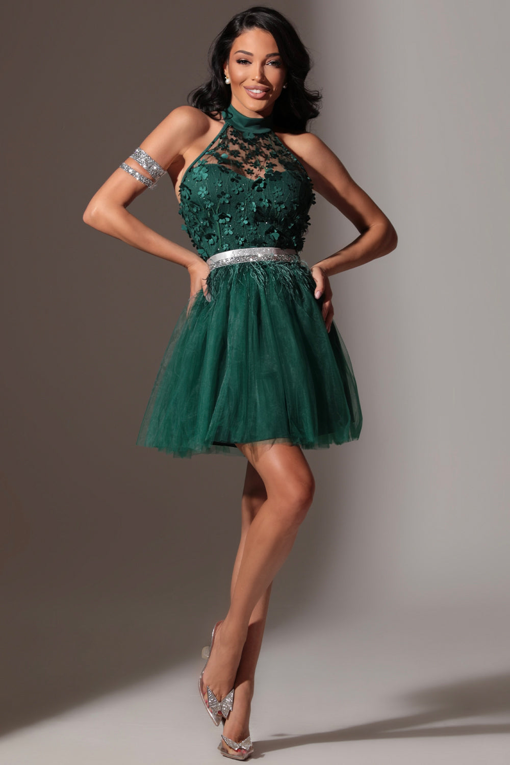 BELT MARABU 12A FEATHERS RHINESTONE DARK GREEN