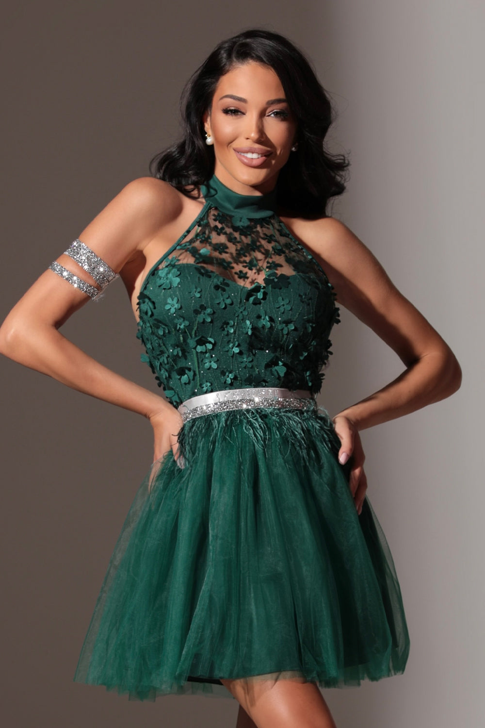 BELT MARABU 12A FEATHERS RHINESTONE DARK GREEN