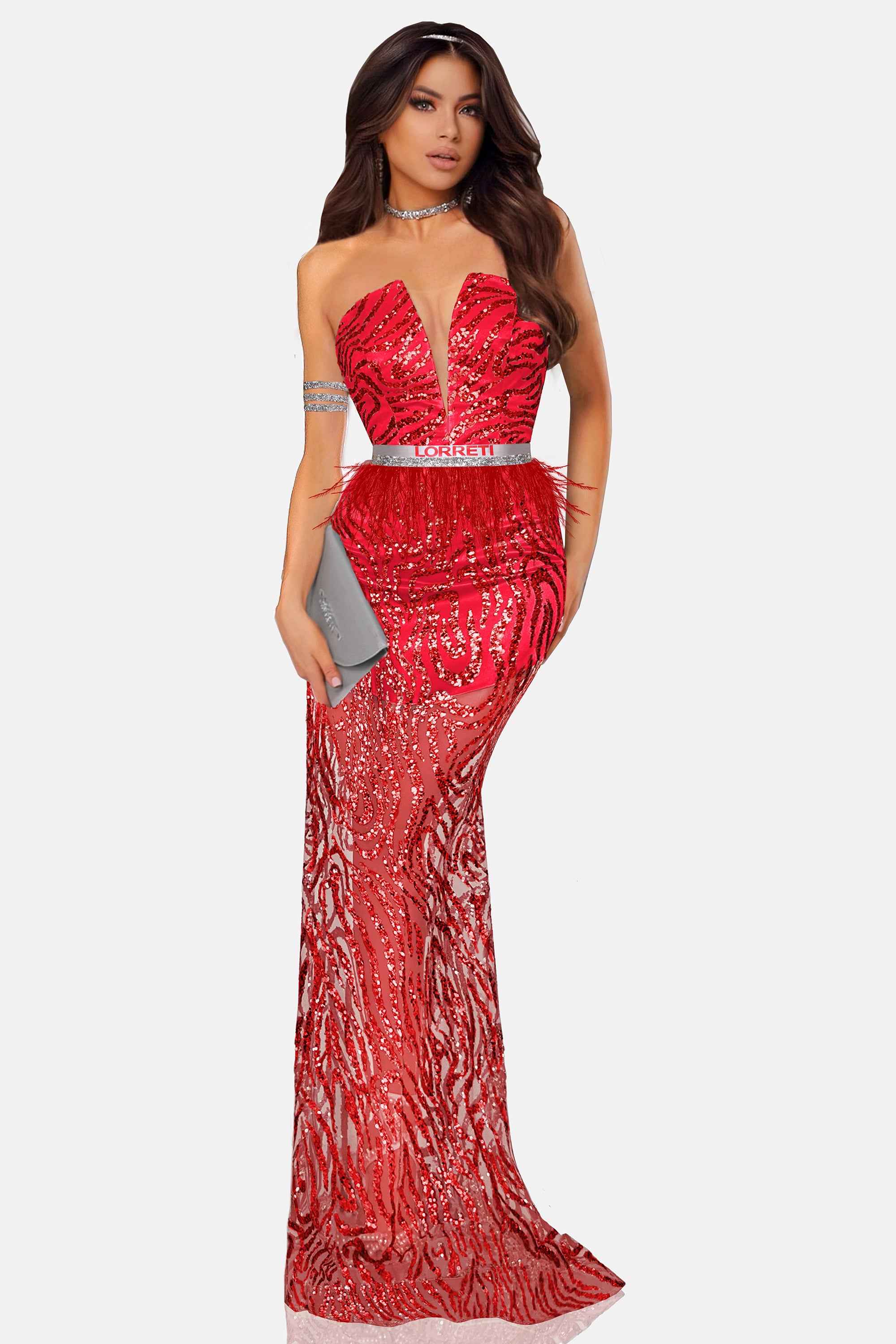 MAXI SKIRT AND CROP TOP SET AURELIA GLITTER LACE RED