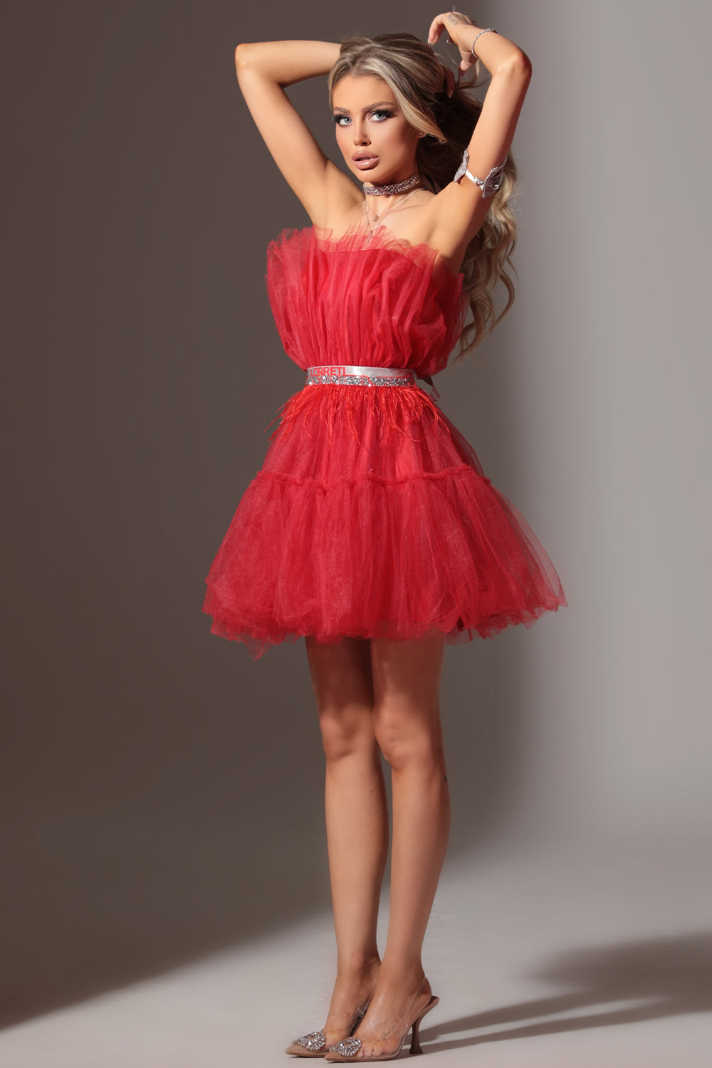 BELT MARABU 6A FEATHERS RHINESTONE RED