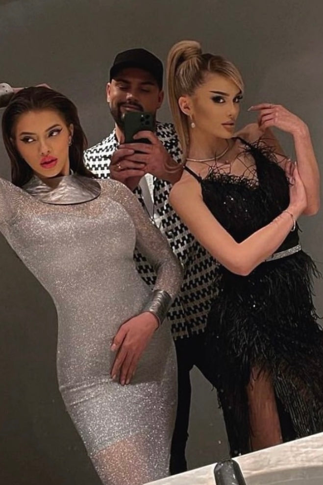 MAXI SKIRT AND CROP TOP SET ALAIA SEQUIN FEATHERS BLACK