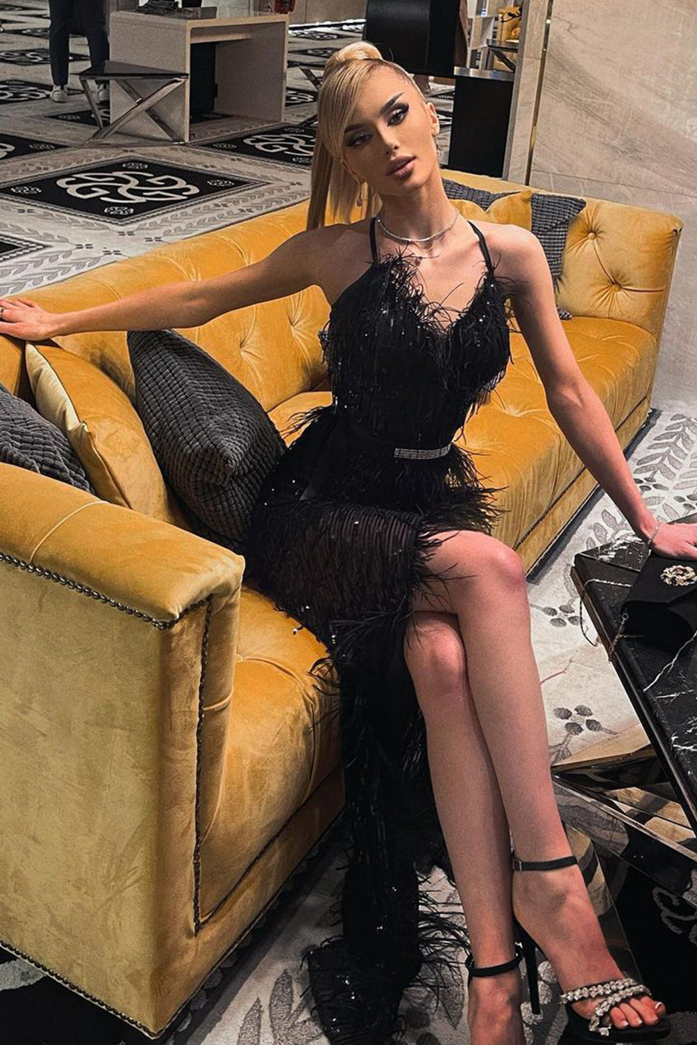 MAXI SKIRT AND CROP TOP SET ALAIA SEQUIN FEATHERS BLACK