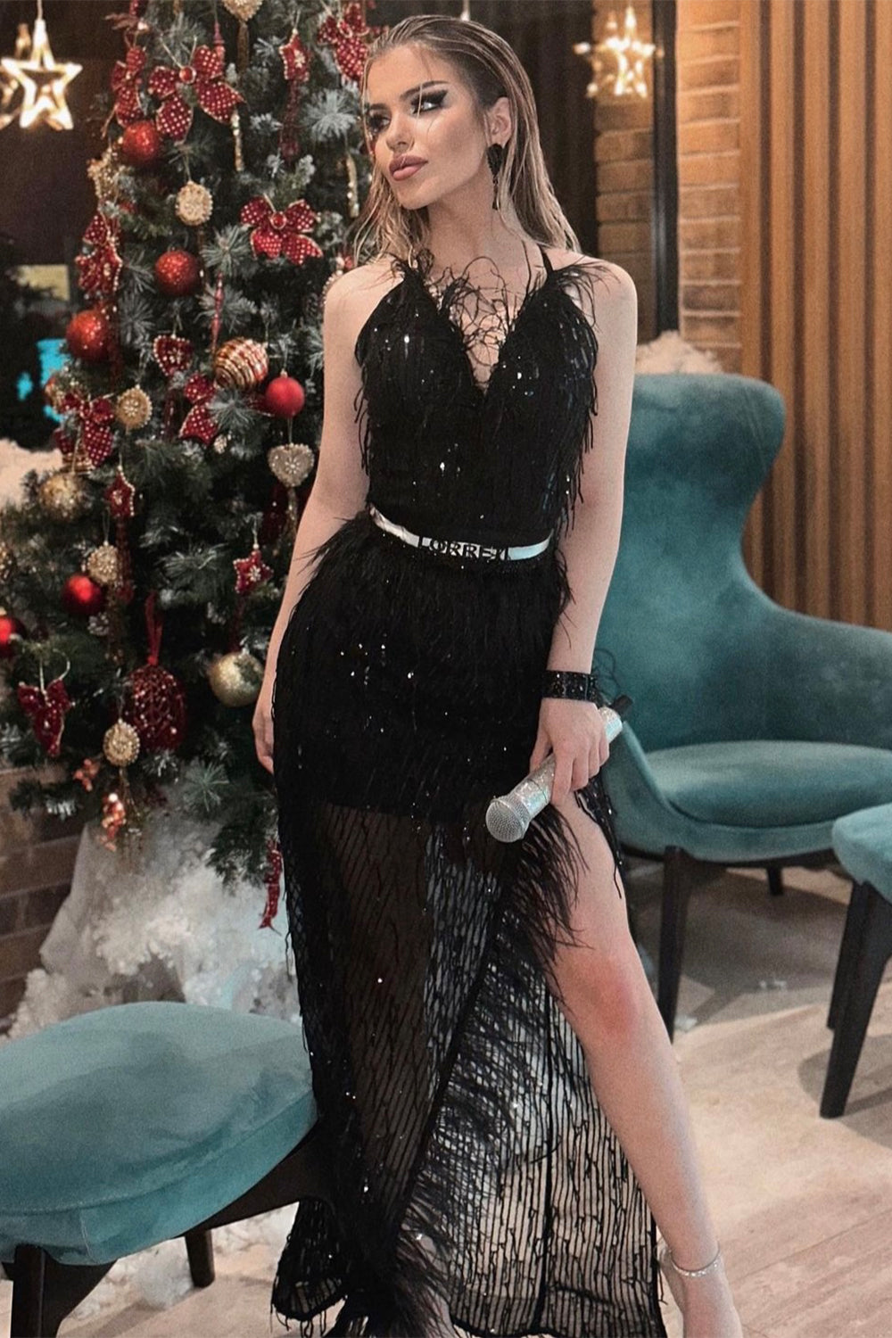 MAXI SKIRT AND CROP TOP SET ALAIA SEQUIN FEATHERS BLACK