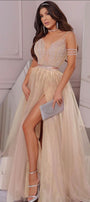 MAXI CONJUNTO 2 PIEZAS TOP CON FALDA ZAHIR PEDRERÍA TUL BEIGE / NUDE