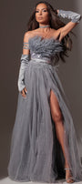МAXI SET TOP CON GONNA PENELOPE PIUME BROCCATO DI TULLE GRIGIO SCURO