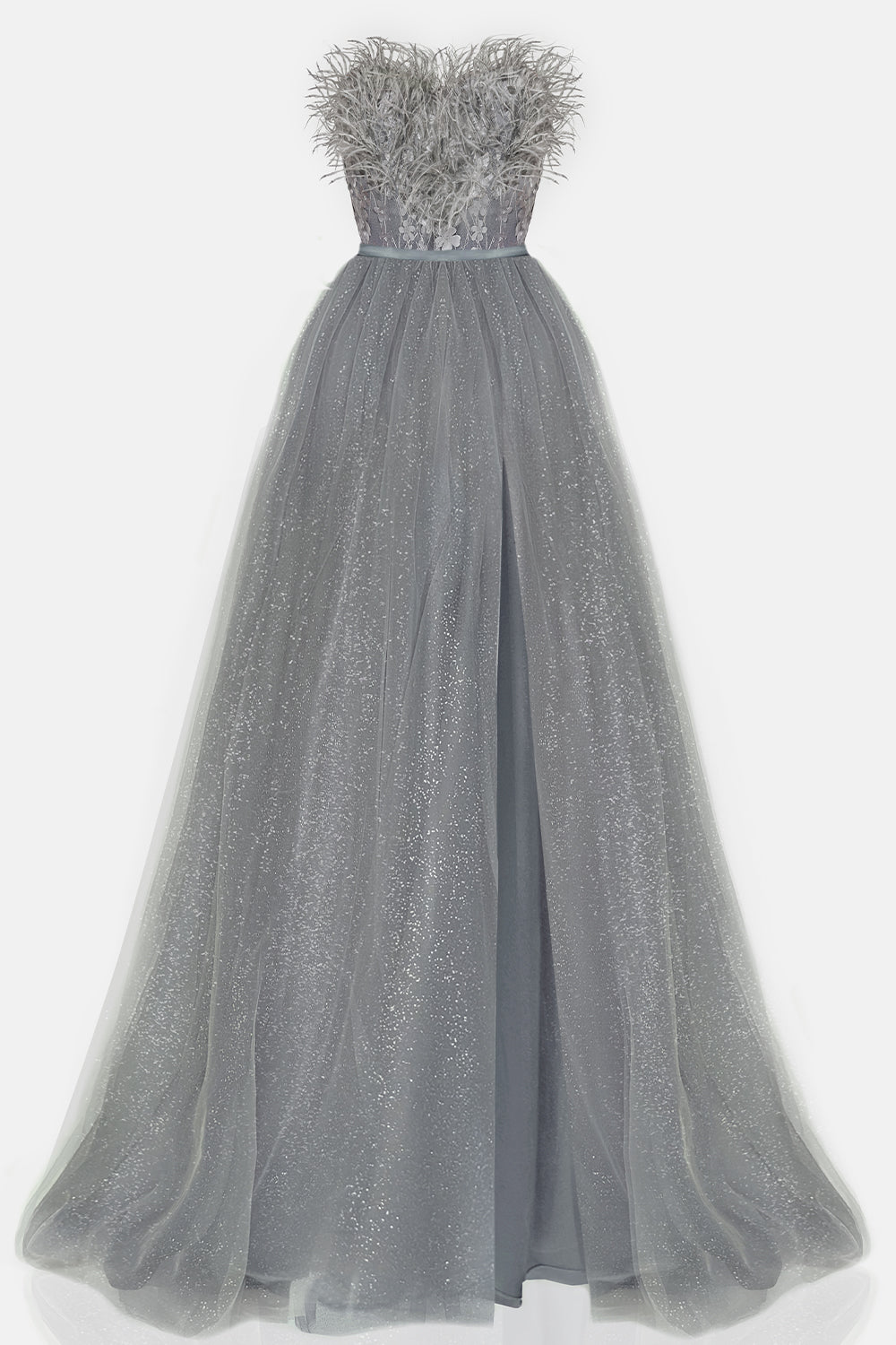 MAXI SKIRT AND CROP TOP SET PENELOPE FEATHERS GLITTER TULLE DARK GREY