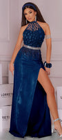 МAXI SET 2 PEZZI TOP CON GONNA NIKKIE PIZZO JERSEY LAMÉ BLU SCURO