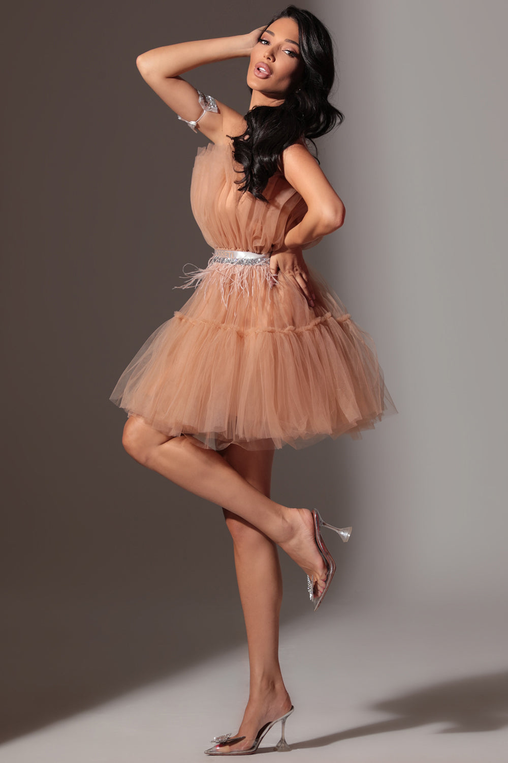 BELT MARABU FEATHERS RHINESTONE CARAMEL