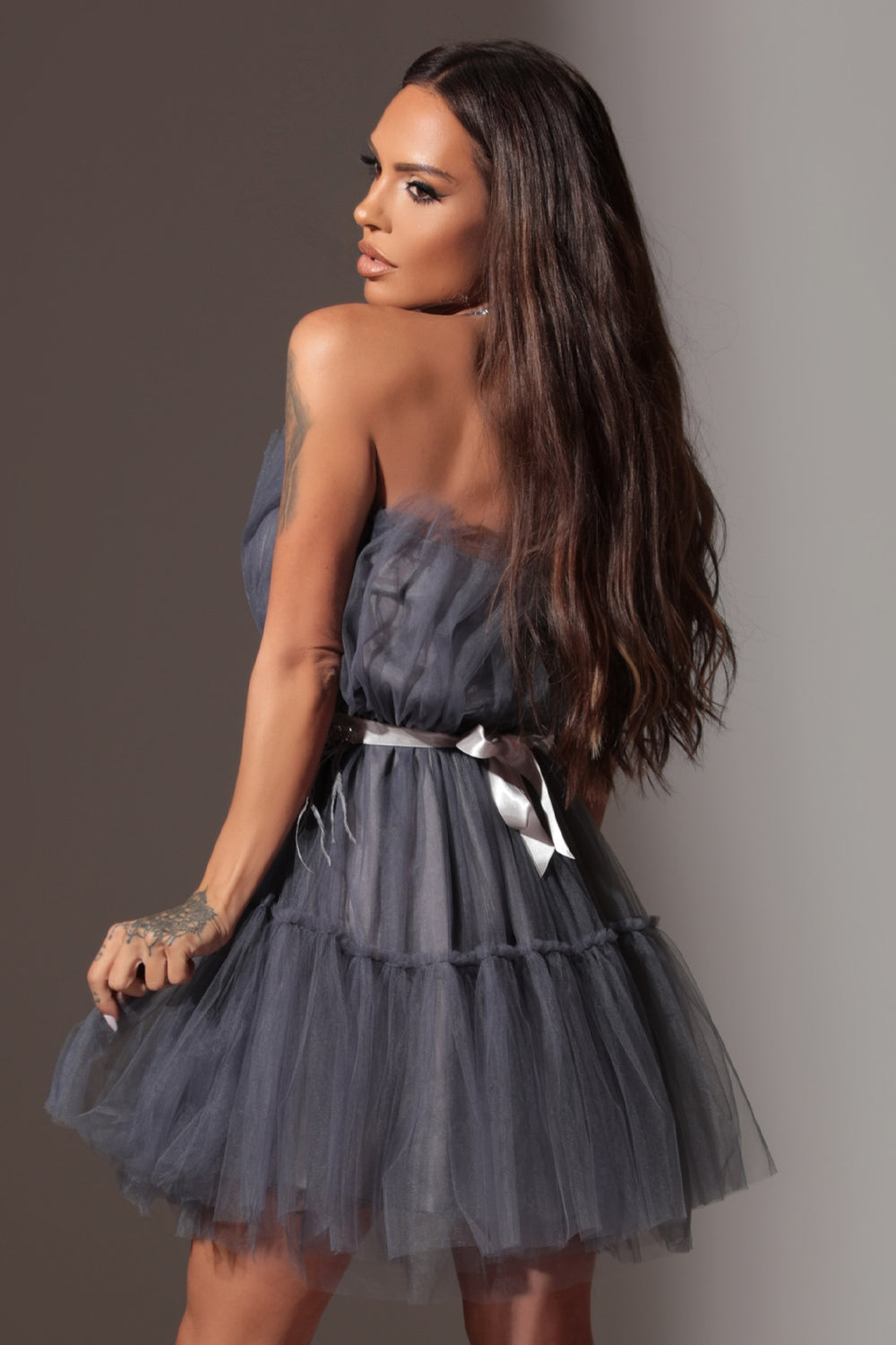 BELT MARABU 9B FEATHERS RHINESTONE GRAY