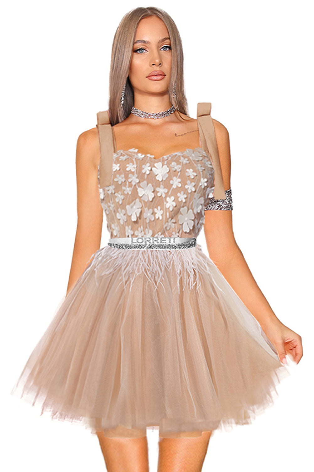 MINI DRESS MARY LACE TULLE NUDE AND WHITE