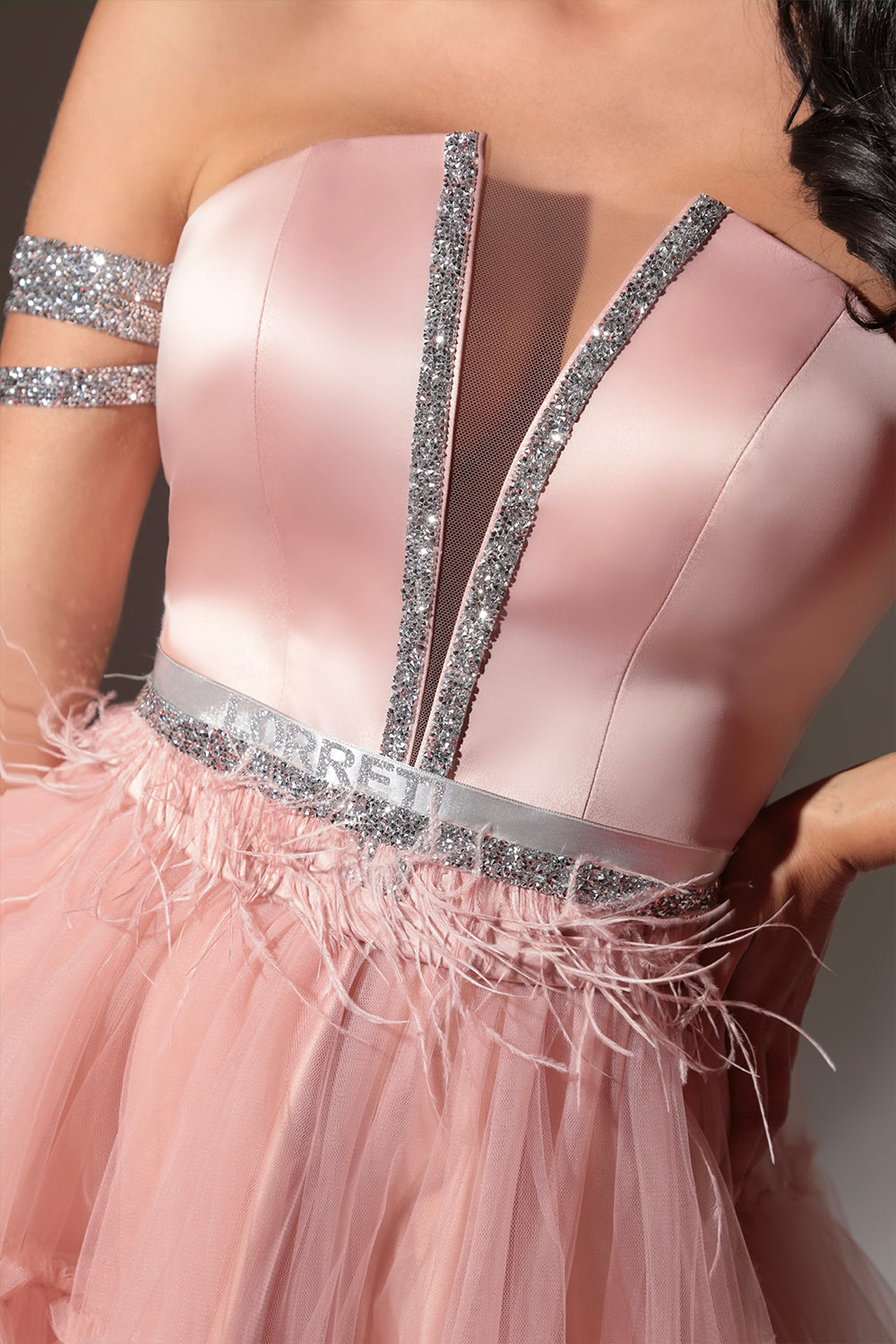 BELT MARABU FEATHERS RHINESTONE POWDER PINK