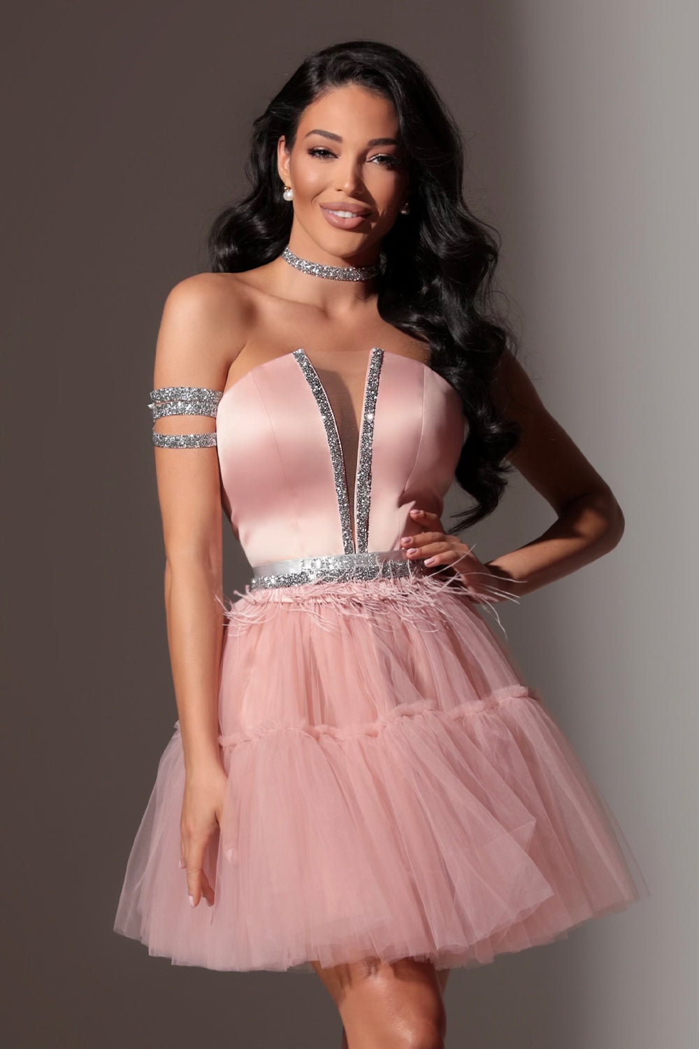 BELT MARABU FEATHERS RHINESTONE POWDER PINK