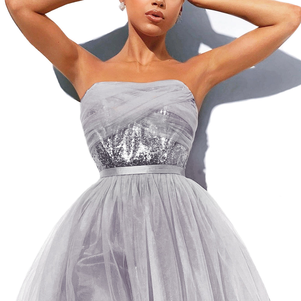 MINI SET TOP CU FUSTA BALLERINA PAIETE TUL ARGINTIU