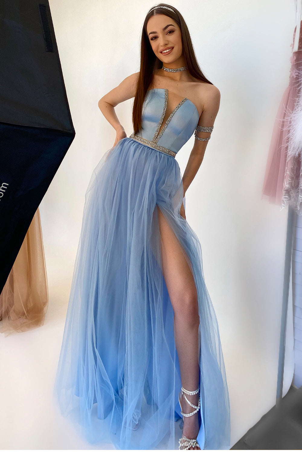 MAXI SKIRT AND CROP TOP SET CASSIE SATIN TULLE LIGHT BLUE