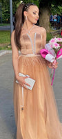 MAXI SKIRT AND CROP TOP SET CASSIE SATIN TULLE BEIGE / NUDE