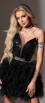MINI SKIRT AND CROP TOP SET AMORE SEQUIN TULLE BLACK