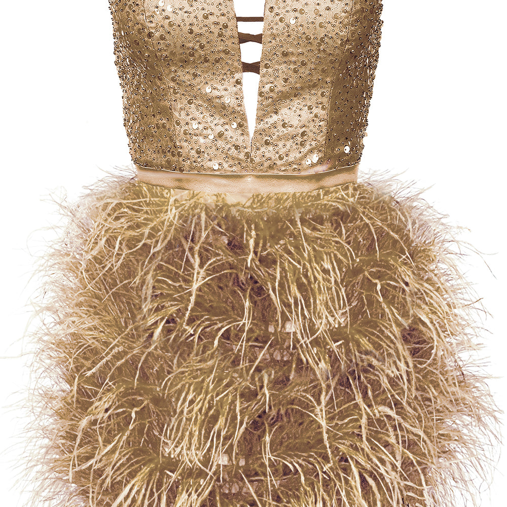 MINI SKIRT AND CROP TOP SET TINKERBELL SEQUIN FEATHERS GOLDEN