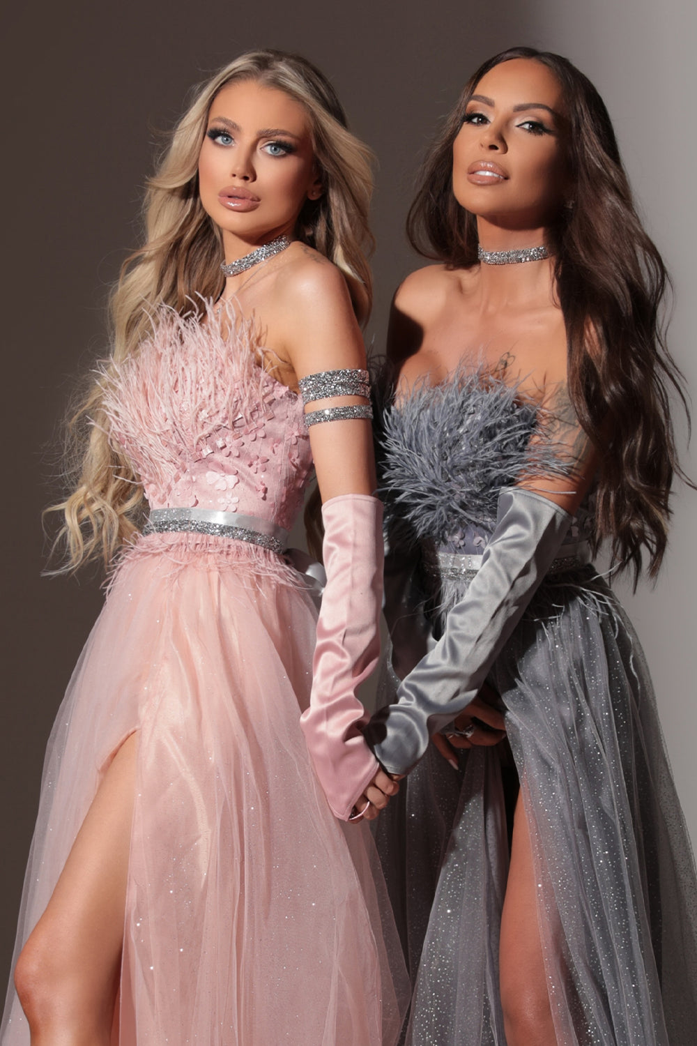 MAXI SKIRT AND CROP TOP SET PENELOPE FEATHERS GLITTER TULLE DARK GREY