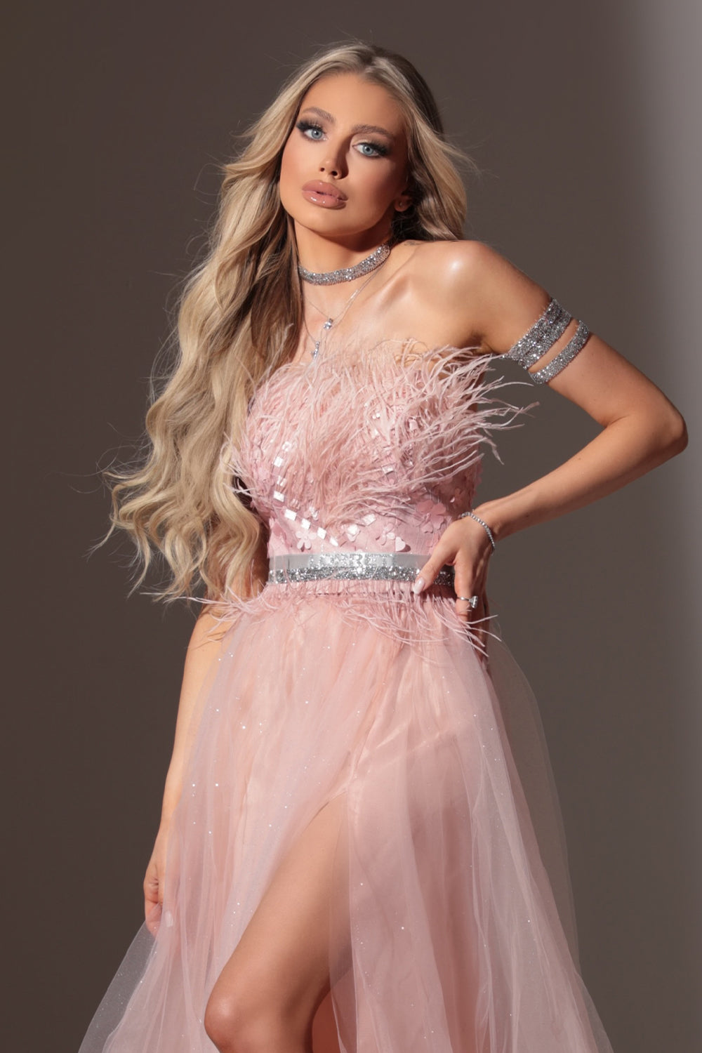 BELT MARABU FEATHERS RHINESTONE POWDER PINK