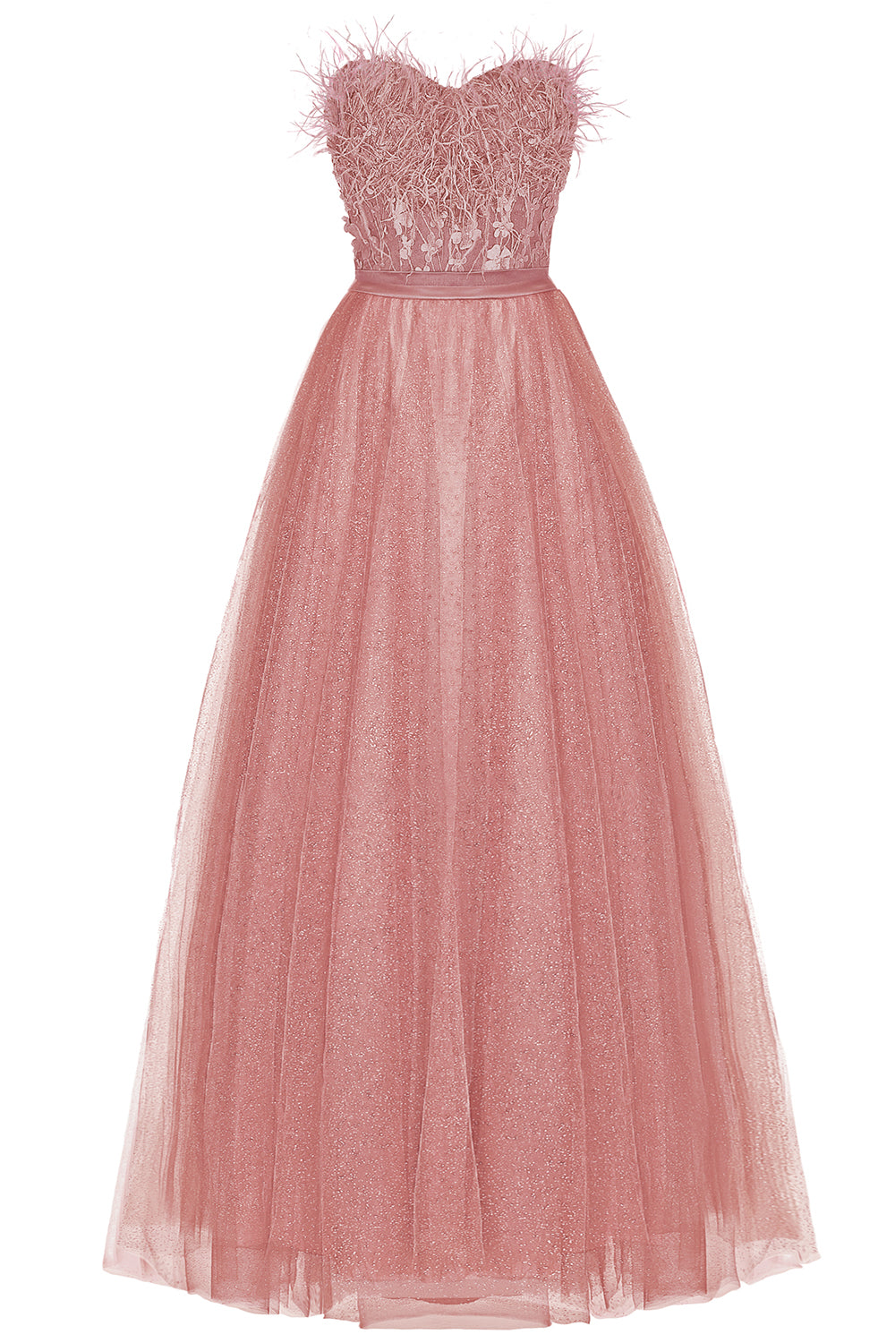 MAXI CONJUNTO TOP CON FALDA PENELOPE PLUMAS BROCADO DE TUL POLVO ROSA