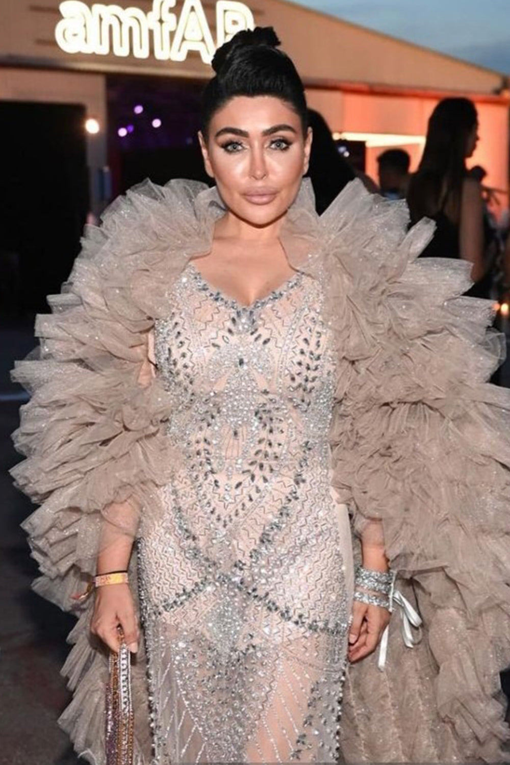 MAXI DRESS AND CLOAK HELIA RHINESTONE GLITTER TULLE CHAMPAGNE