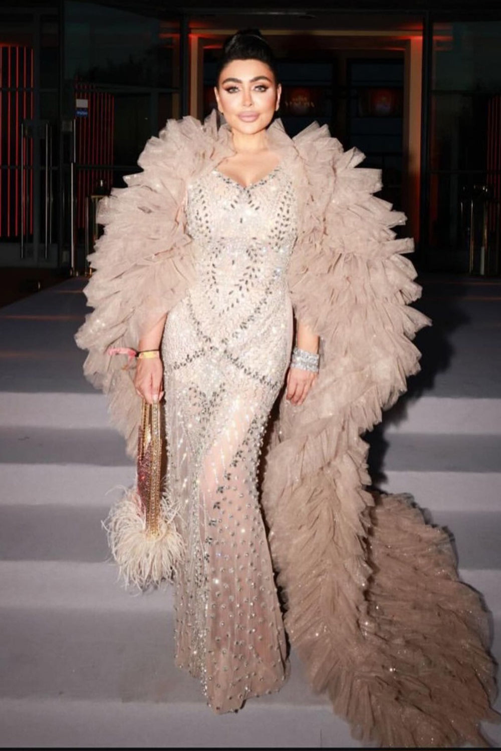 MAXI DRESS AND CLOAK HELIA RHINESTONE GLITTER TULLE CHAMPAGNE