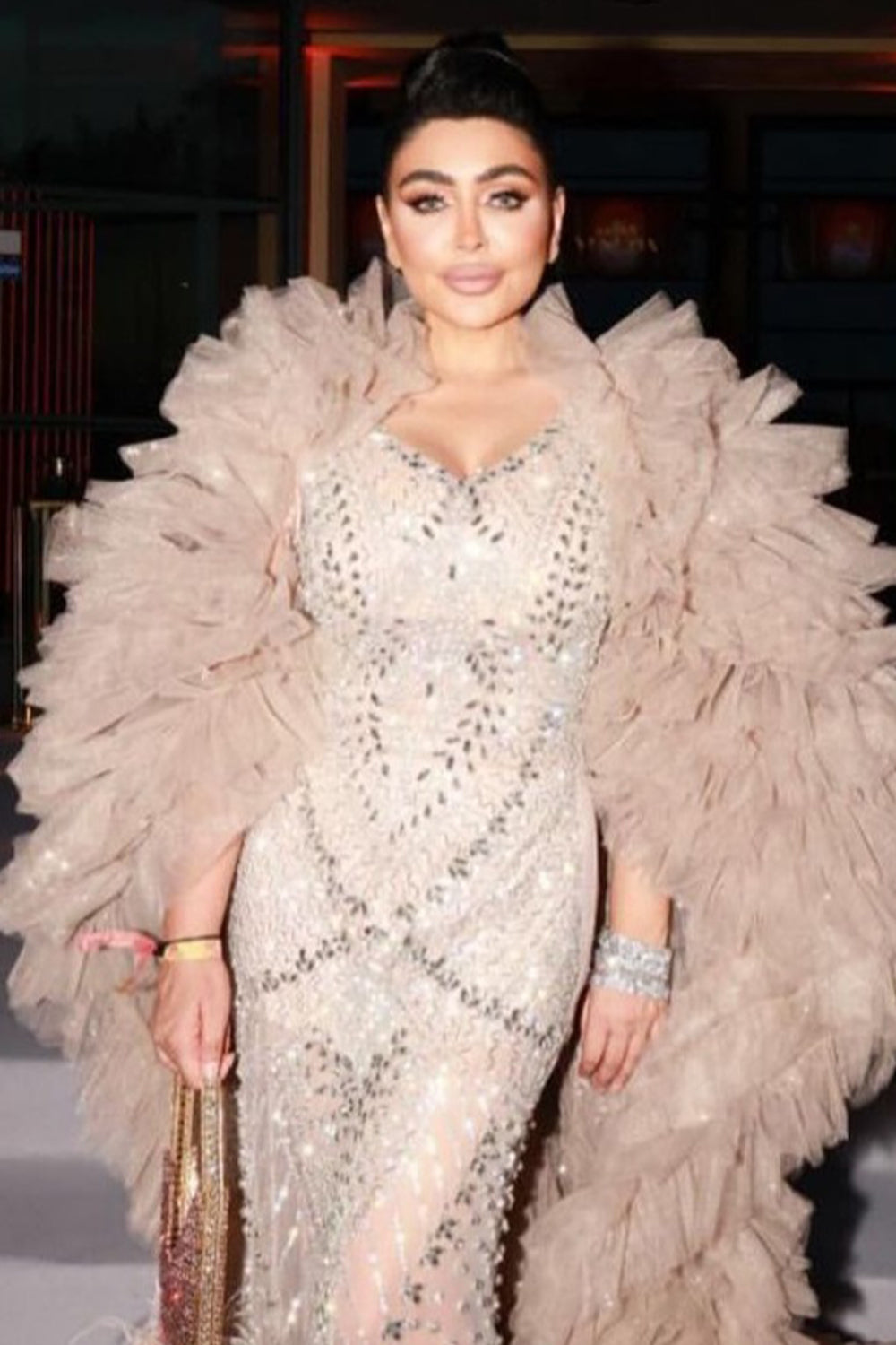 MAXI DRESS AND CLOAK HELIA RHINESTONE GLITTER TULLE CHAMPAGNE
