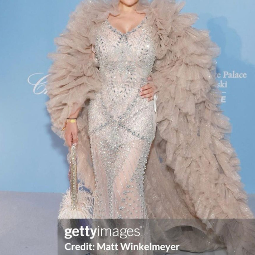 МAXI VESTITO E MANTELLO HELIA STRASS BROCCATO DI TULLE CHAMPAGNE