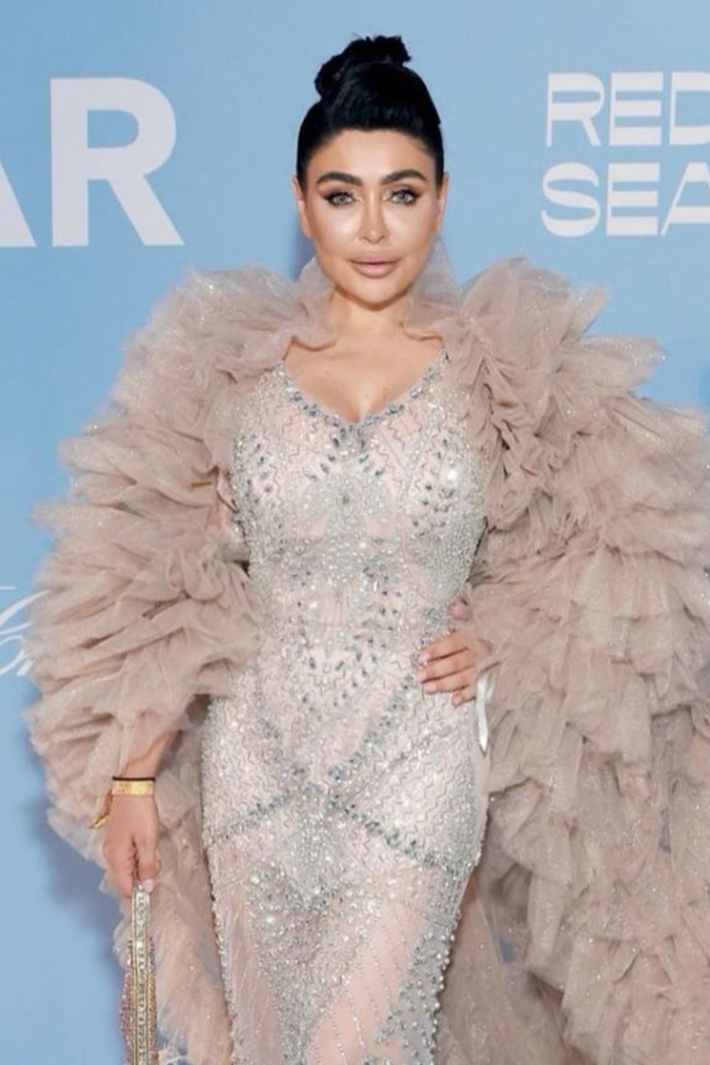 MAXI DRESS AND CLOAK HELIA RHINESTONE GLITTER TULLE CHAMPAGNE