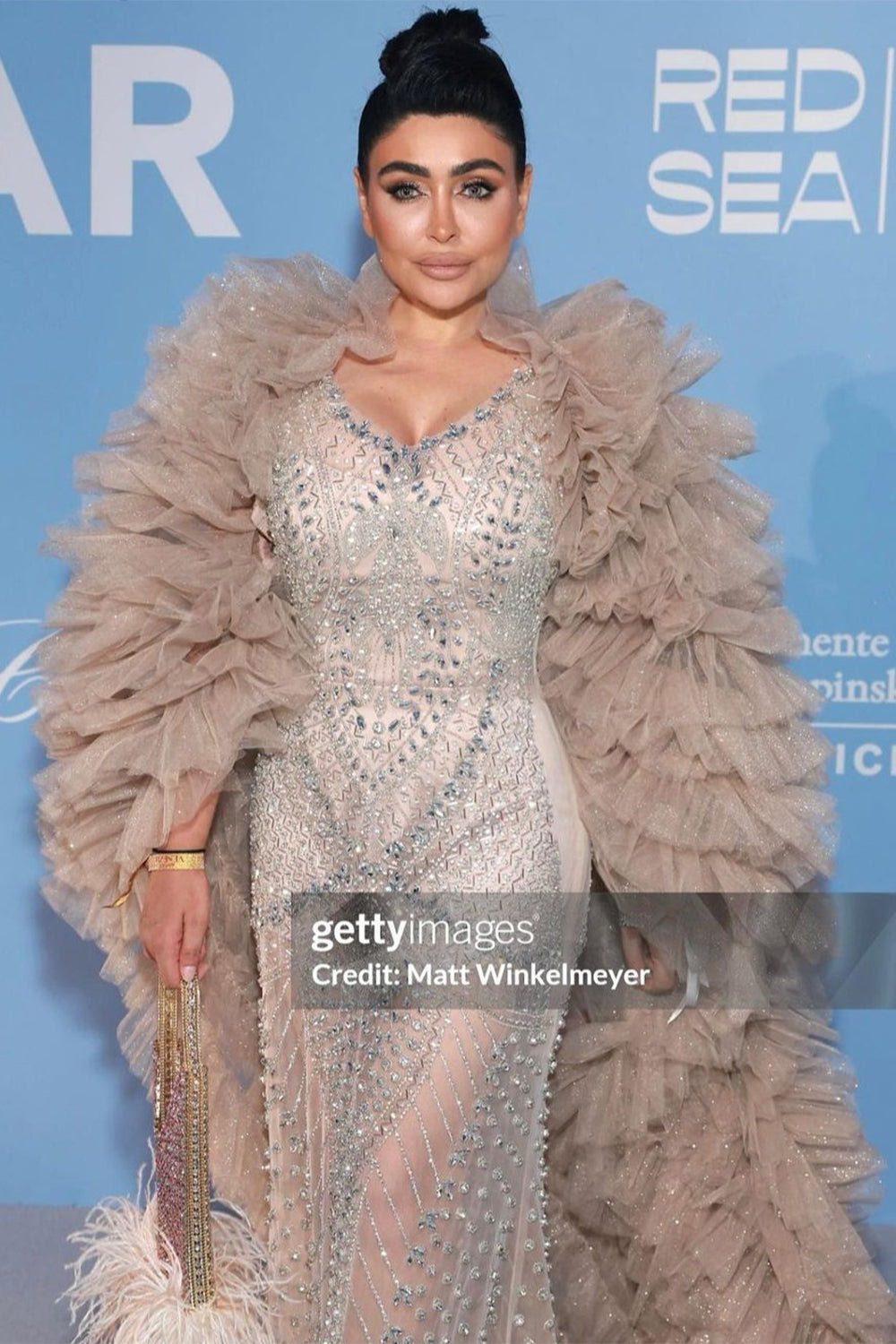 MAXI DRESS AND CLOAK HELIA RHINESTONE GLITTER TULLE CHAMPAGNE