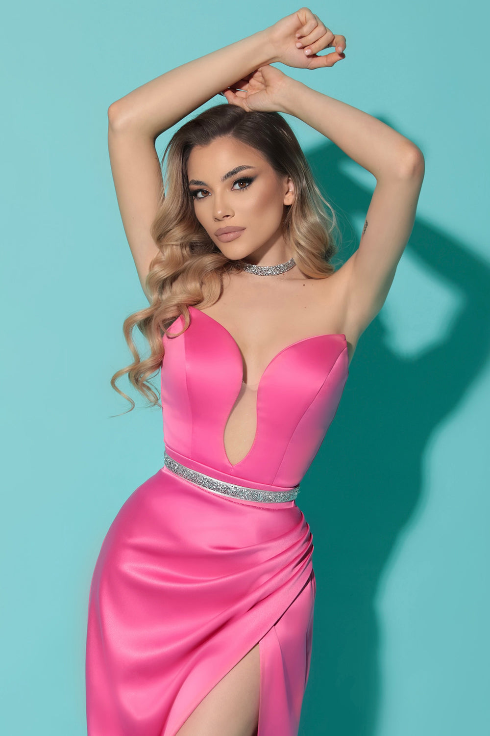 MAXI SKIRT AND CROP TOP SET TESSA SATIN HOT PINK