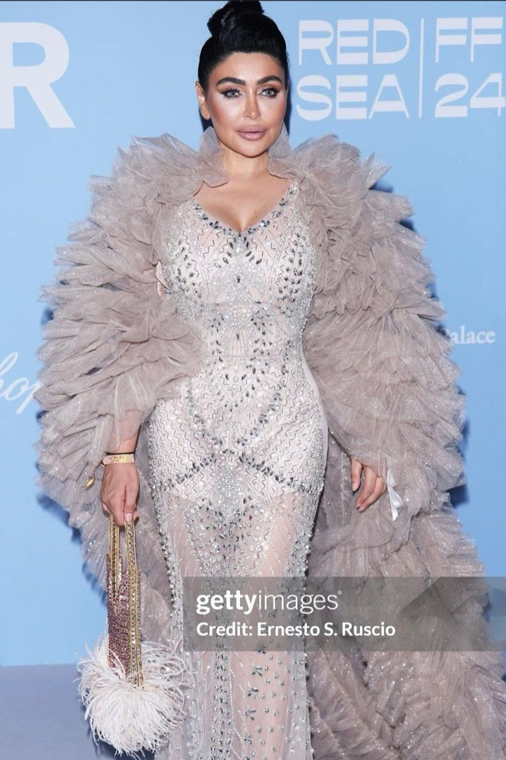 MAXI DRESS AND CLOAK HELIA RHINESTONE GLITTER TULLE CHAMPAGNE