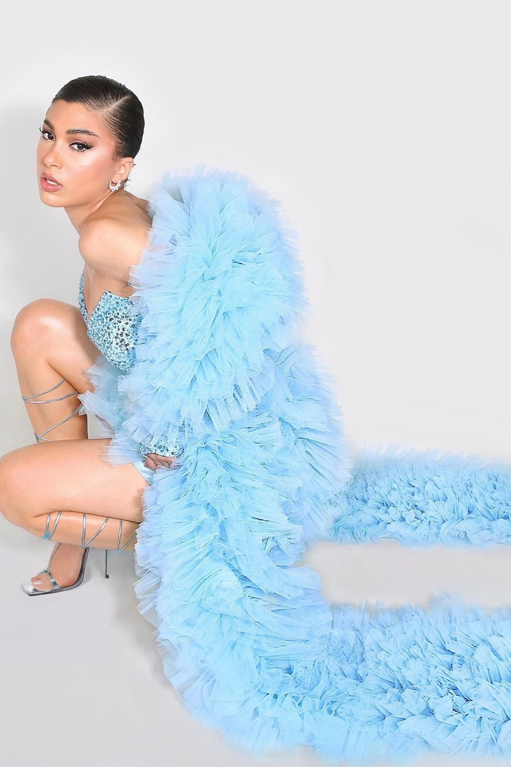 MAXI SKIRT AND CROP TOP SET 4 PARTS BROOKE SEQUIN TULLE LIGHT BLUE