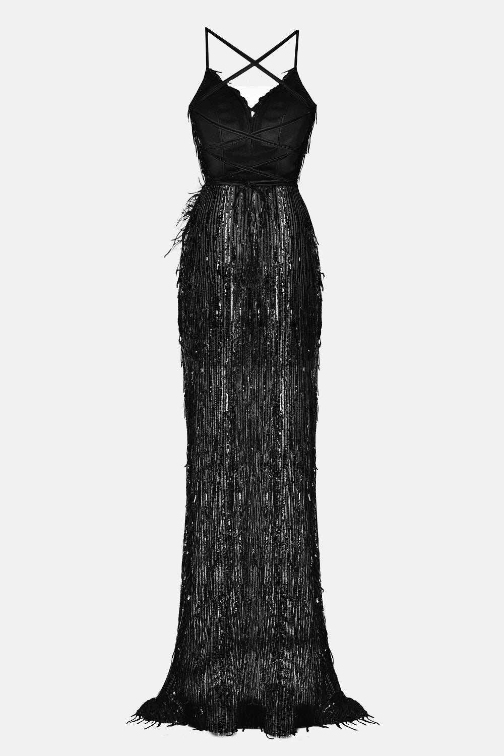 MAXI SKIRT AND CROP TOP SET ALAIA SEQUIN FEATHERS BLACK