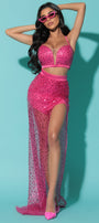 MAXI SKIRT AND CROP TOP SET JOSIЕ SEQUIN HOT PINK