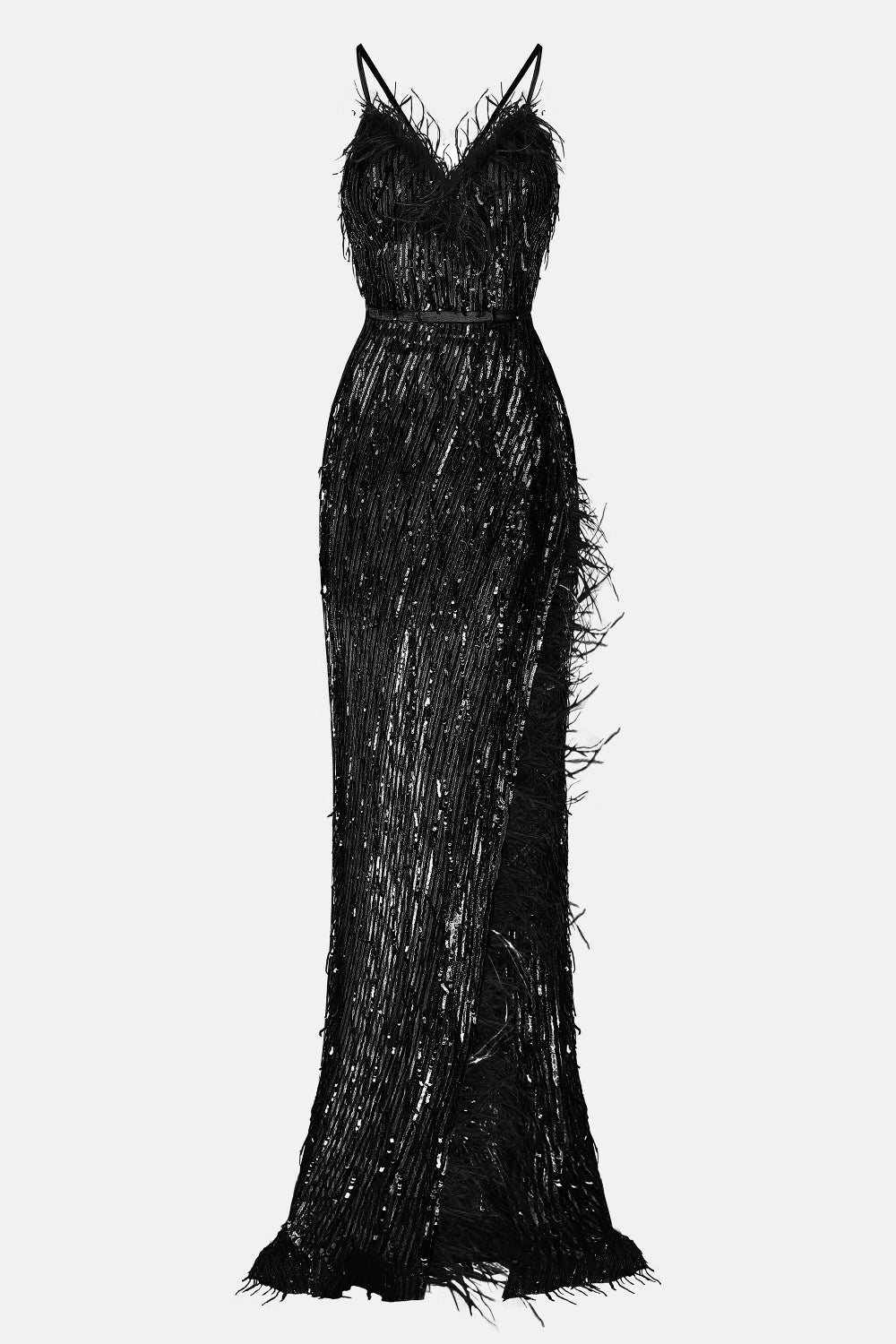 MAXI SKIRT AND CROP TOP SET ALAIA SEQUIN FEATHERS BLACK