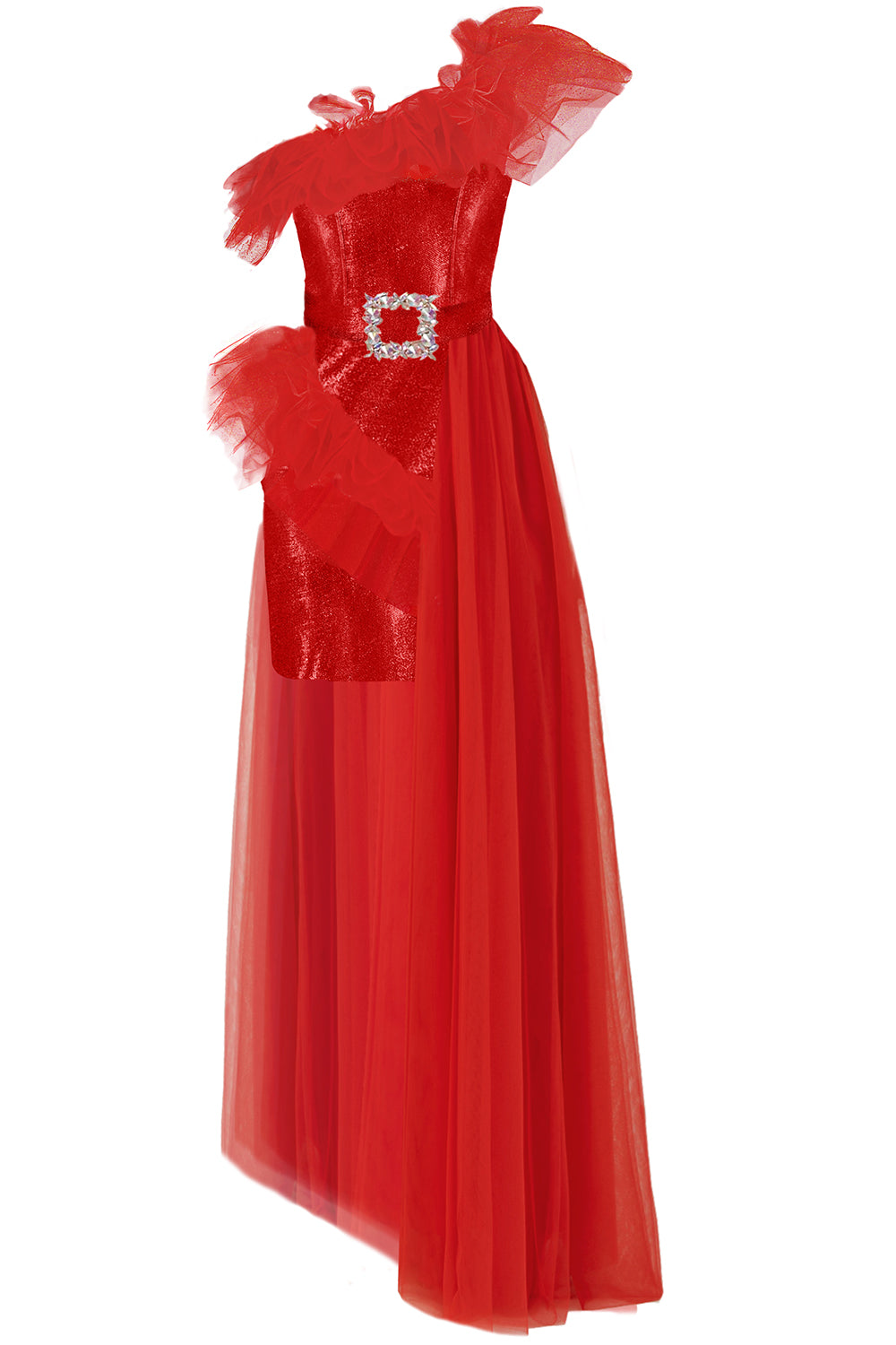 MAXI SKIRT AND CROP TOP SET NATASHA LAME TULLE RED