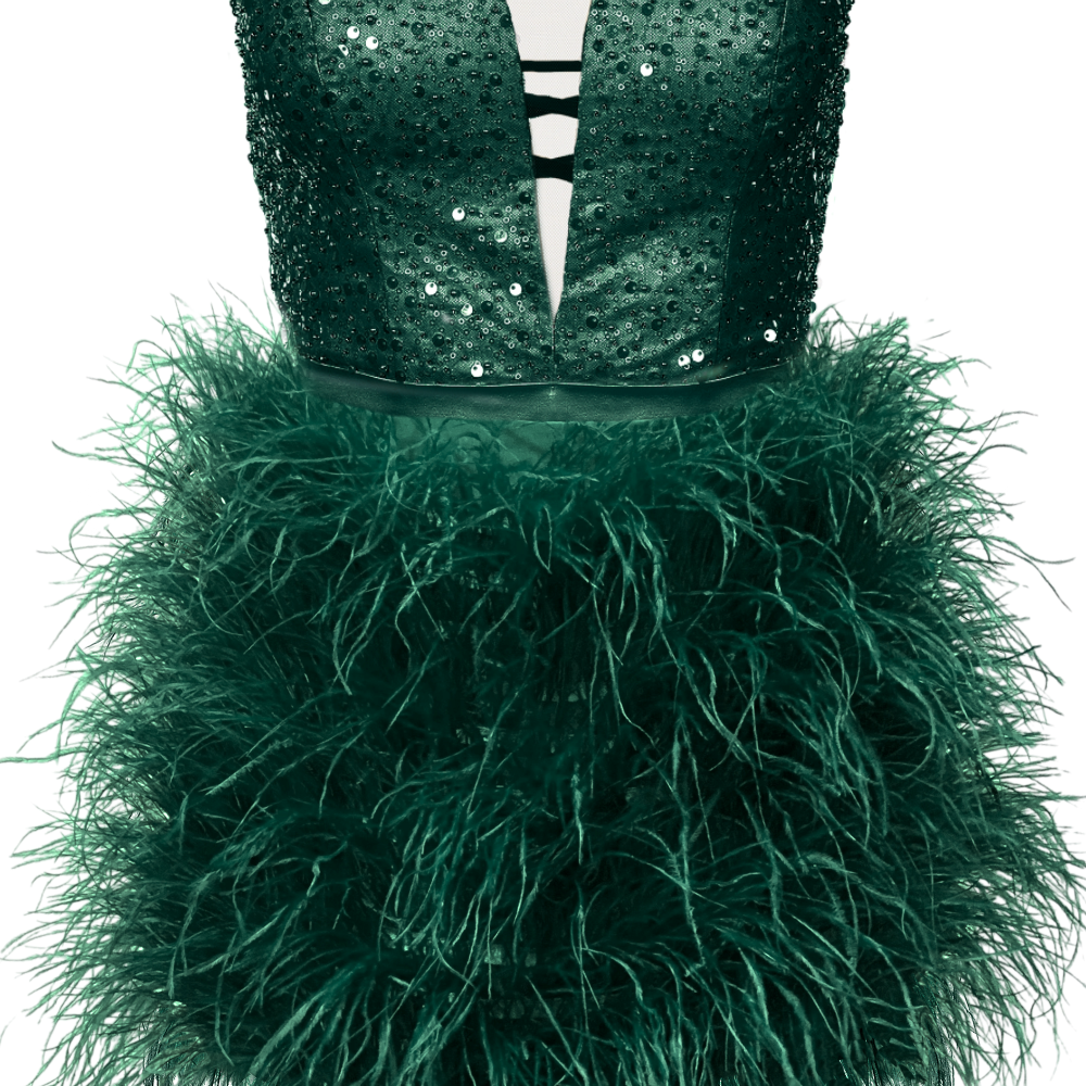 MINI SKIRT AND CROP TOP SET TINKERBELL SEQUIN FEATHERS DARK GREEN