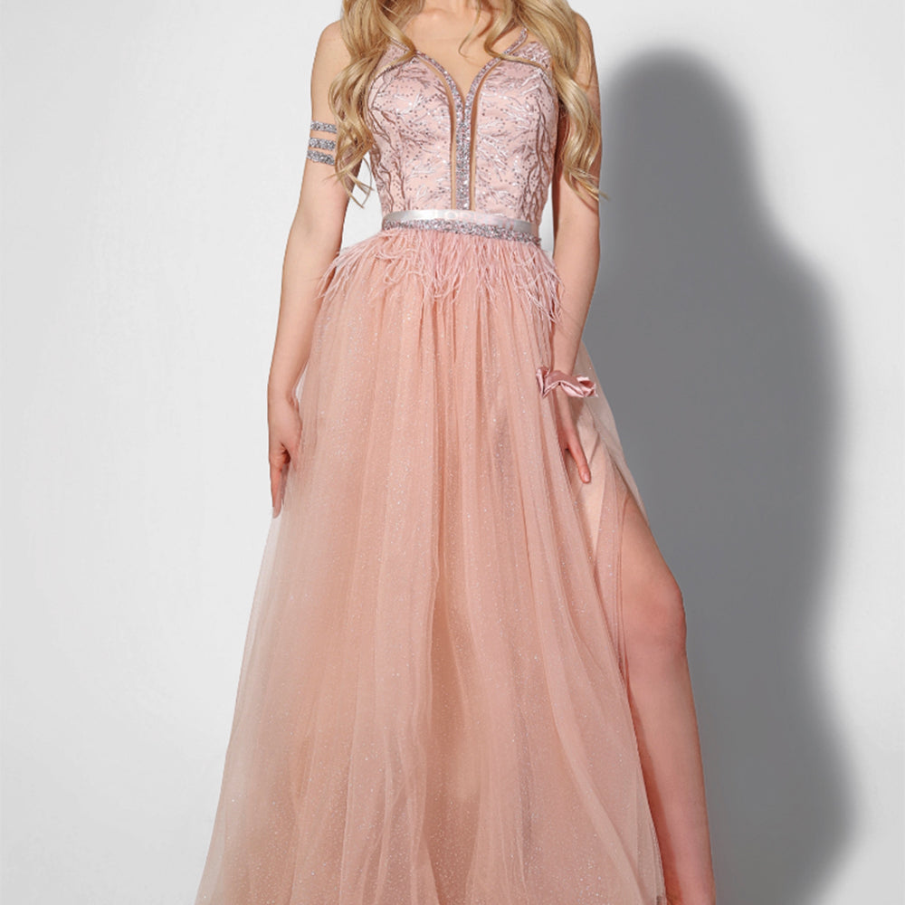 MAXI SKIRT AND CROP TOP SET 2 PARTS CANDICE LACE GLITTER TULLE POWDER PINK