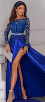 MAXI SET TOP CU FUSTA CARMEN DANTELA SATIN ALBASTRU COBALT