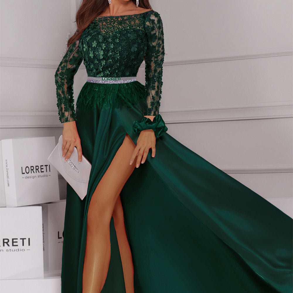 MAXI CONJUNTO TOP CON FALDA CARMEN ЕNCAJE SATÍN VERDE OSCURO